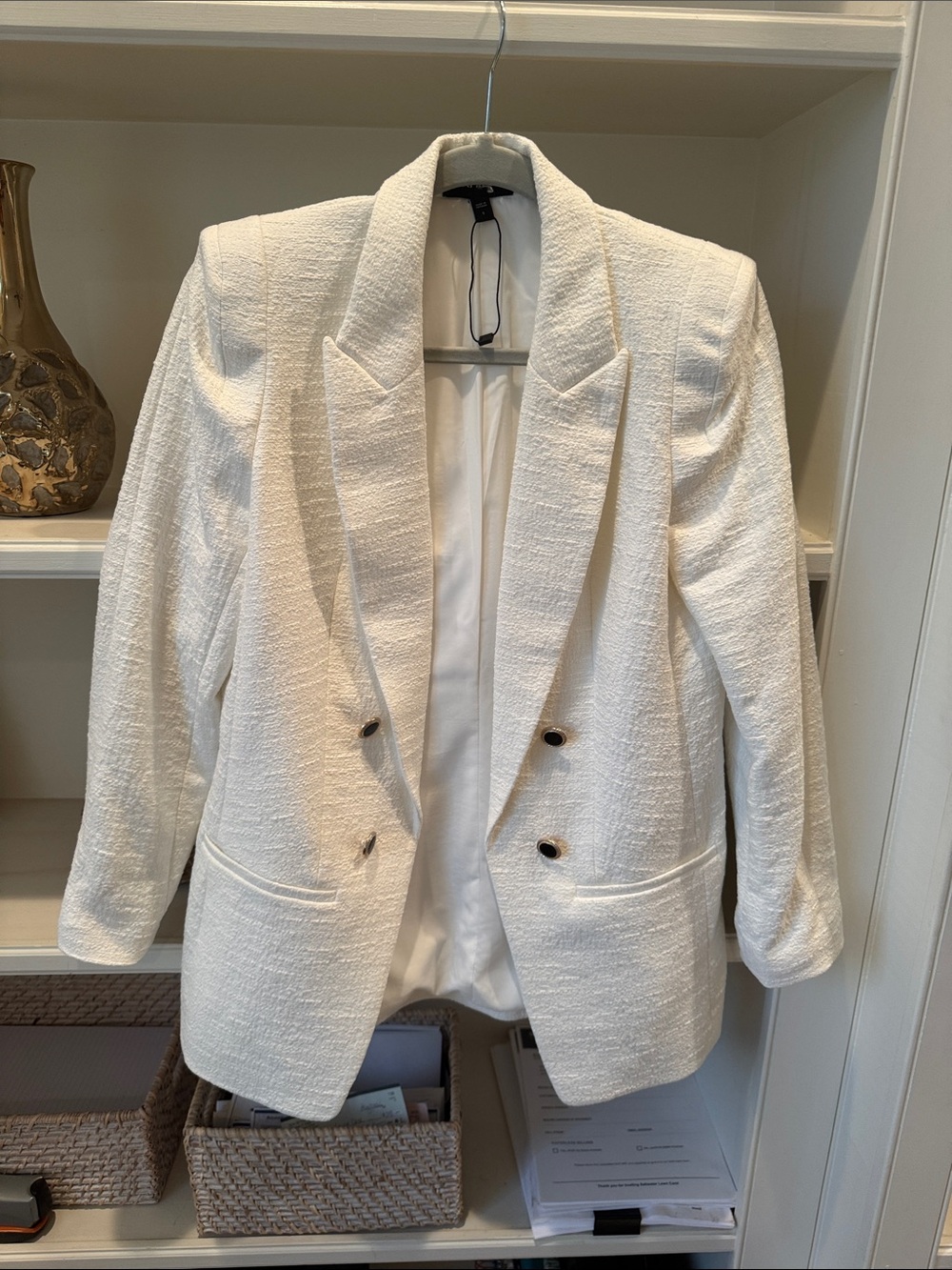 Express White Textured Double-Breasted Blazer